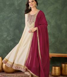 Women's Beautiful Embroidery Work Vichitra Silk Fabric Flared Anarkali Pant and Dupatta Set