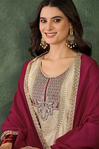 Women's Beautiful Embroidery Work Vichitra Silk Fabric Flared Anarkali Pant and Dupatta Set