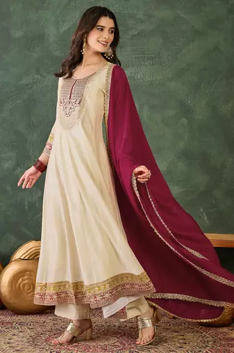 Women's Beautiful Embroidery Work Vichitra Silk Fabric Flared Anarkali Pant and Dupatta Set