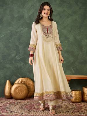 Women's Beautiful Embroidery Work Vichitra Silk Fabric Flared Anarkali Pant and Dupatta Set 5