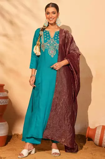 Women's Gorgeous Embroidery Work Silk Slub Fabric Flared Kurta Pant and Dupatta Set
