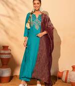 Women's Gorgeous Embroidery Work Silk Slub Fabric Flared Kurta Pant and Dupatta Set