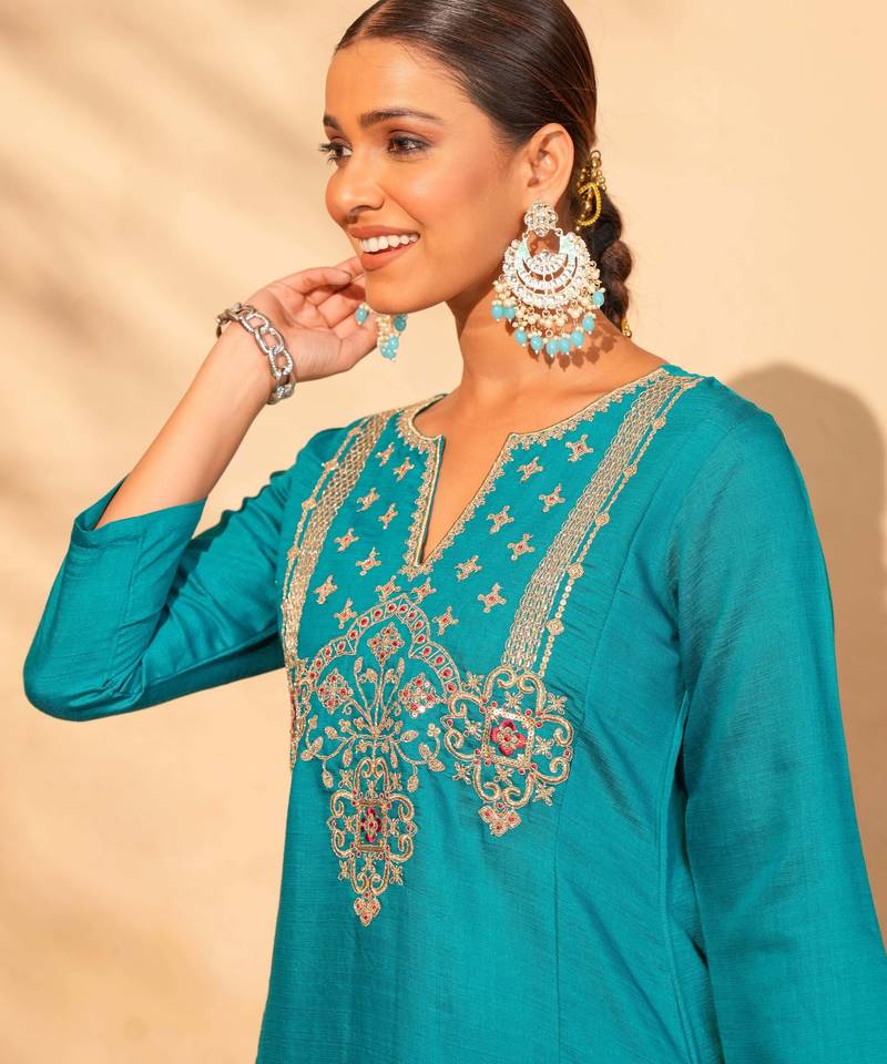 Women's Gorgeous Embroidery Work Silk Slub Fabric Flared Kurta Pant and Dupatta Set