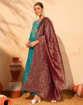 Women's Gorgeous Embroidery Work Silk Slub Fabric Flared Kurta Pant and Dupatta Set 3