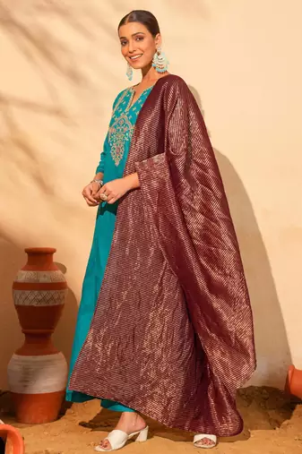 Women's Gorgeous Embroidery Work Silk Slub Fabric Flared Kurta Pant and Dupatta Set