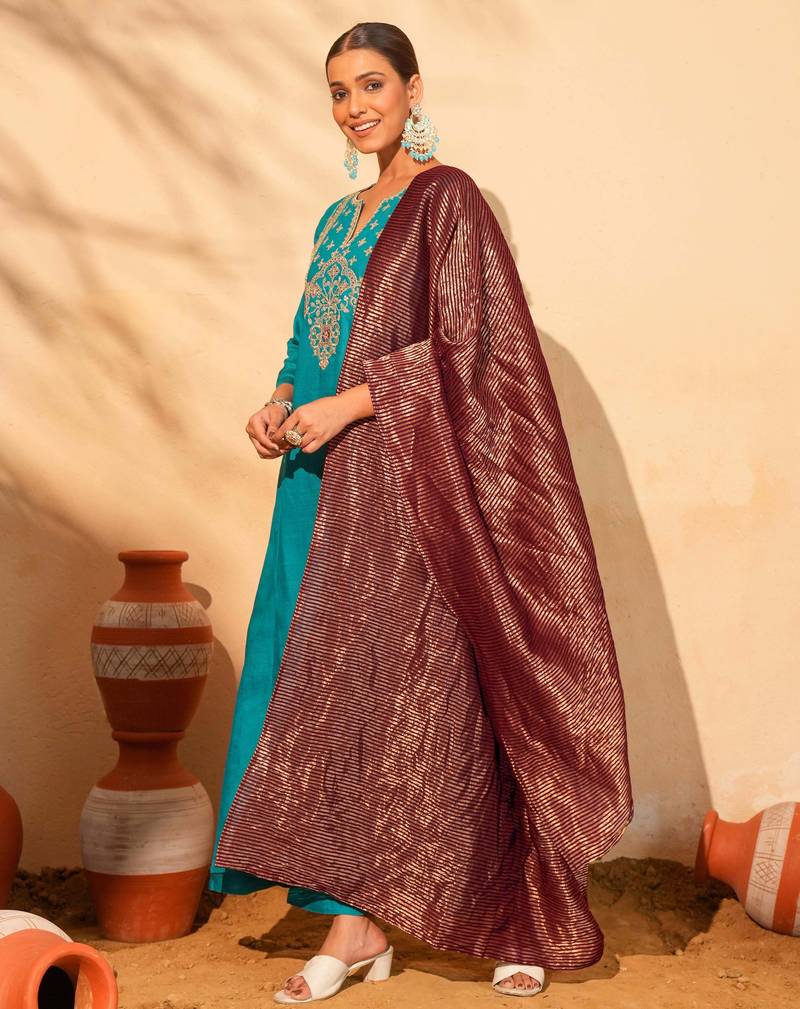 Women's Gorgeous Embroidery Work Silk Slub Fabric Flared Kurta Pant and Dupatta Set