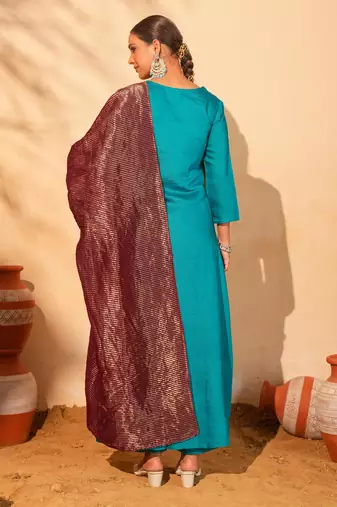 Women's Gorgeous Embroidery Work Silk Slub Fabric Flared Kurta Pant and Dupatta Set