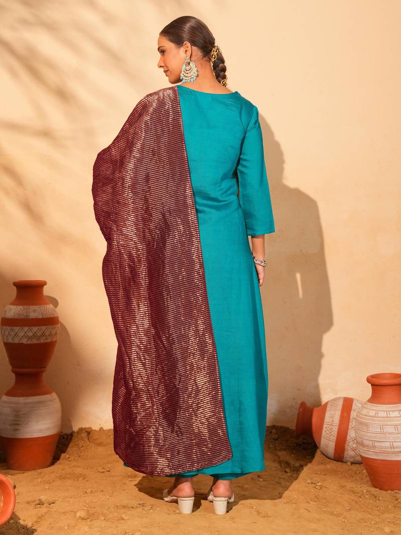 Women's Gorgeous Embroidery Work Silk Slub Fabric Flared Kurta Pant and Dupatta Set