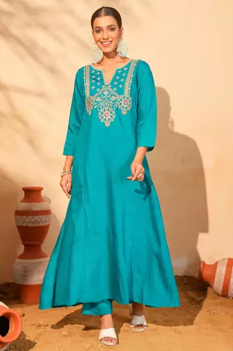 Women's Gorgeous Embroidery Work Silk Slub Fabric Flared Kurta Pant and Dupatta Set