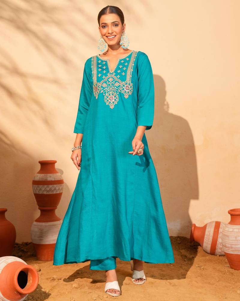 Women's Gorgeous Embroidery Work Silk Slub Fabric Flared Kurta Pant and Dupatta Set