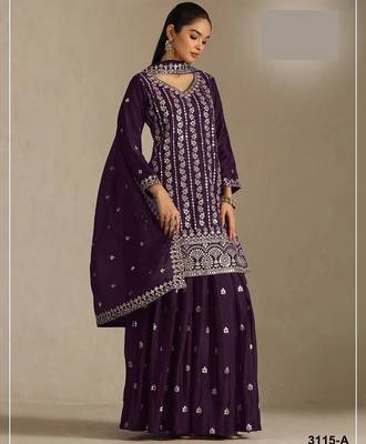Wine chinon silk semi stitched wedding suits 1