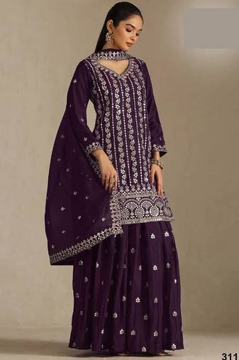 Wine chinon silk semi stitched wedding suits