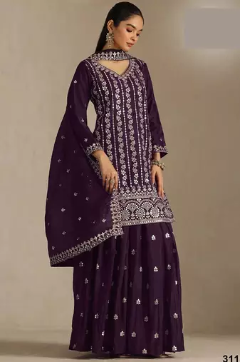 Wine chinon silk semi stitched wedding suits