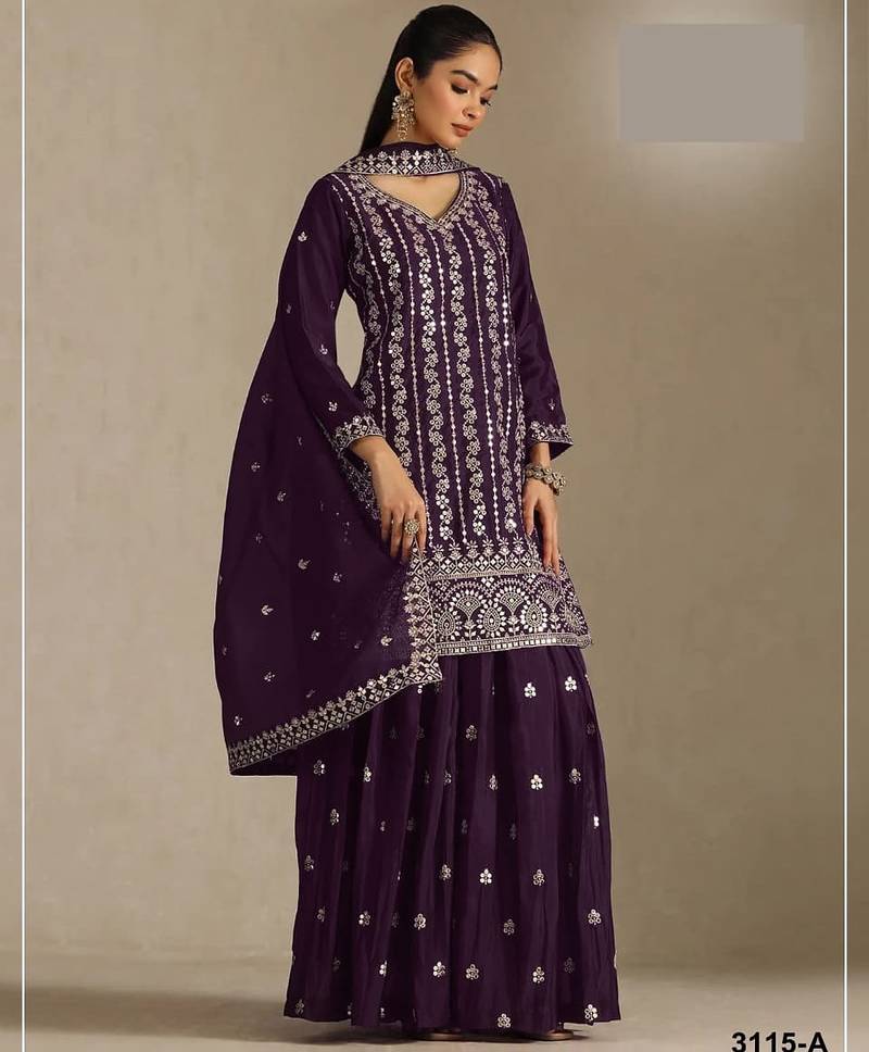 Wine chinon silk semi stitched wedding suits