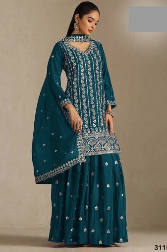 Teal chinon silk semi stitched wedding suits