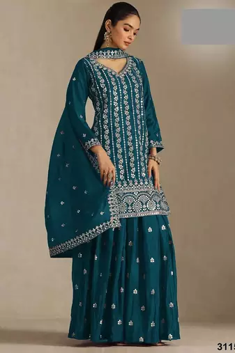 Teal chinon silk semi stitched wedding suits