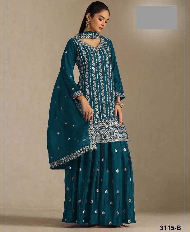 Teal chinon silk semi stitched wedding suits