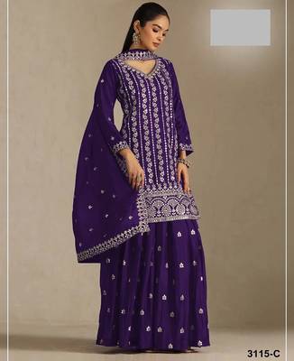 Navy blue chinon silk semi stitched wedding suits 1