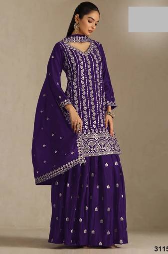 Navy blue chinon silk semi stitched wedding suits