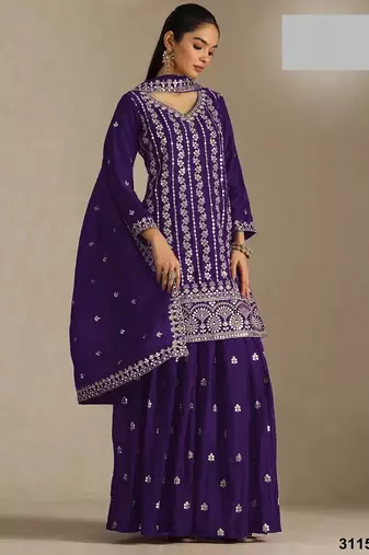 Navy blue chinon silk semi stitched wedding suits