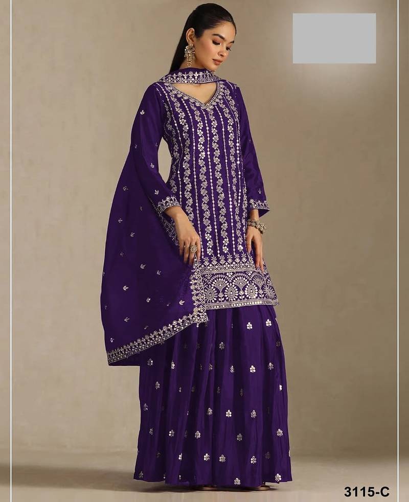 Navy blue chinon silk semi stitched wedding suits