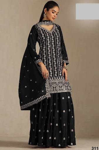 Black chinon silk semi stitched wedding suits