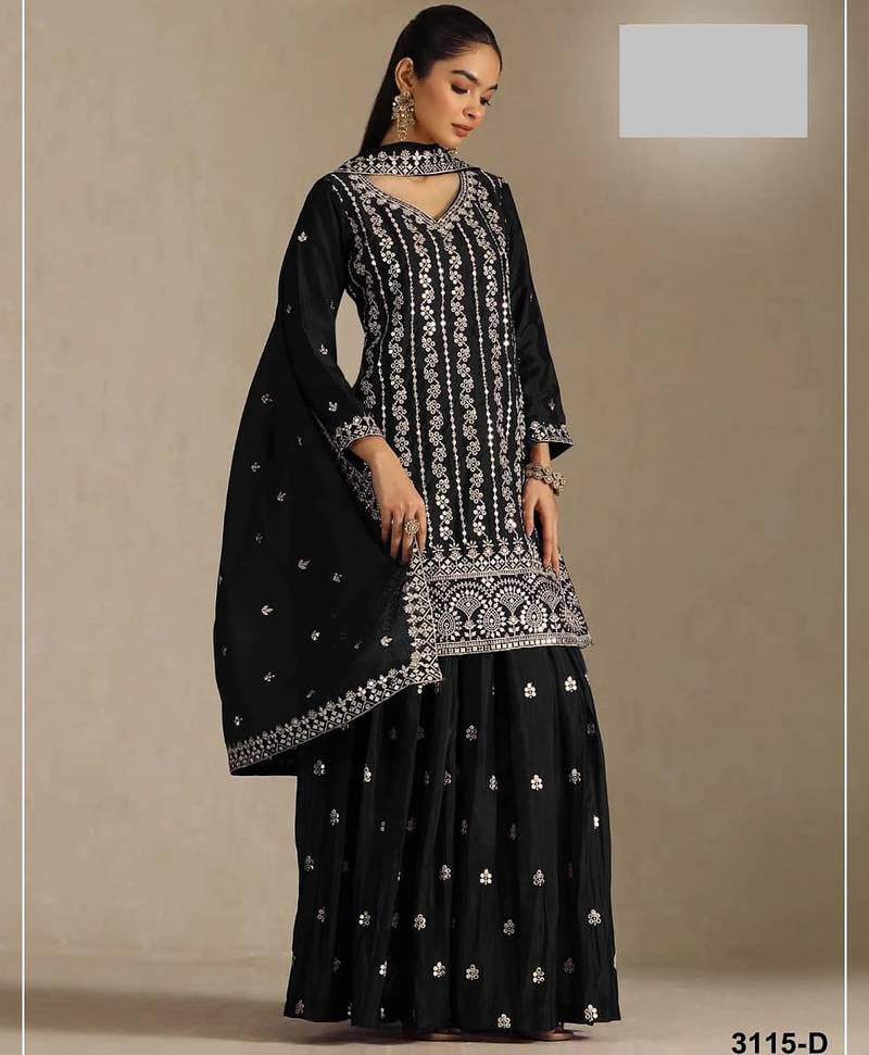 Black chinon silk semi stitched wedding suits
