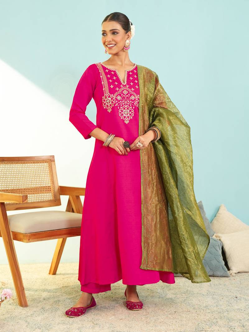 Women's Gorgeous Embroidery Work Silk Slub Fabric Flared Kurta Pant and Dupatta Set