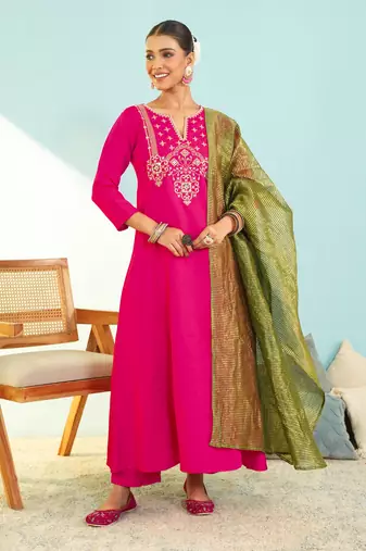 Women's Gorgeous Embroidery Work Silk Slub Fabric Flared Kurta Pant and Dupatta Set