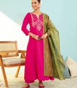 Women's Gorgeous Embroidery Work Silk Slub Fabric Flared Kurta Pant and Dupatta Set