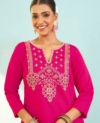 Women's Gorgeous Embroidery Work Silk Slub Fabric Flared Kurta Pant and Dupatta Set 2
