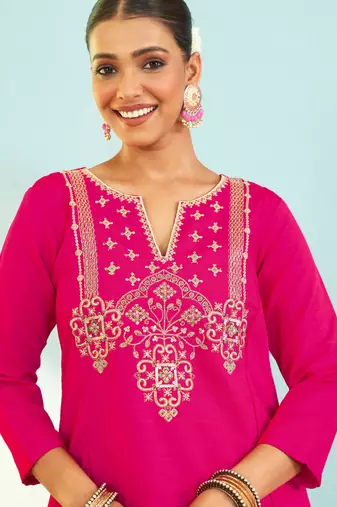 Women's Gorgeous Embroidery Work Silk Slub Fabric Flared Kurta Pant and Dupatta Set
