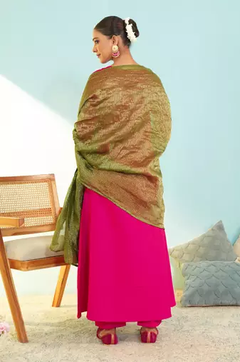 Women's Gorgeous Embroidery Work Silk Slub Fabric Flared Kurta Pant and Dupatta Set