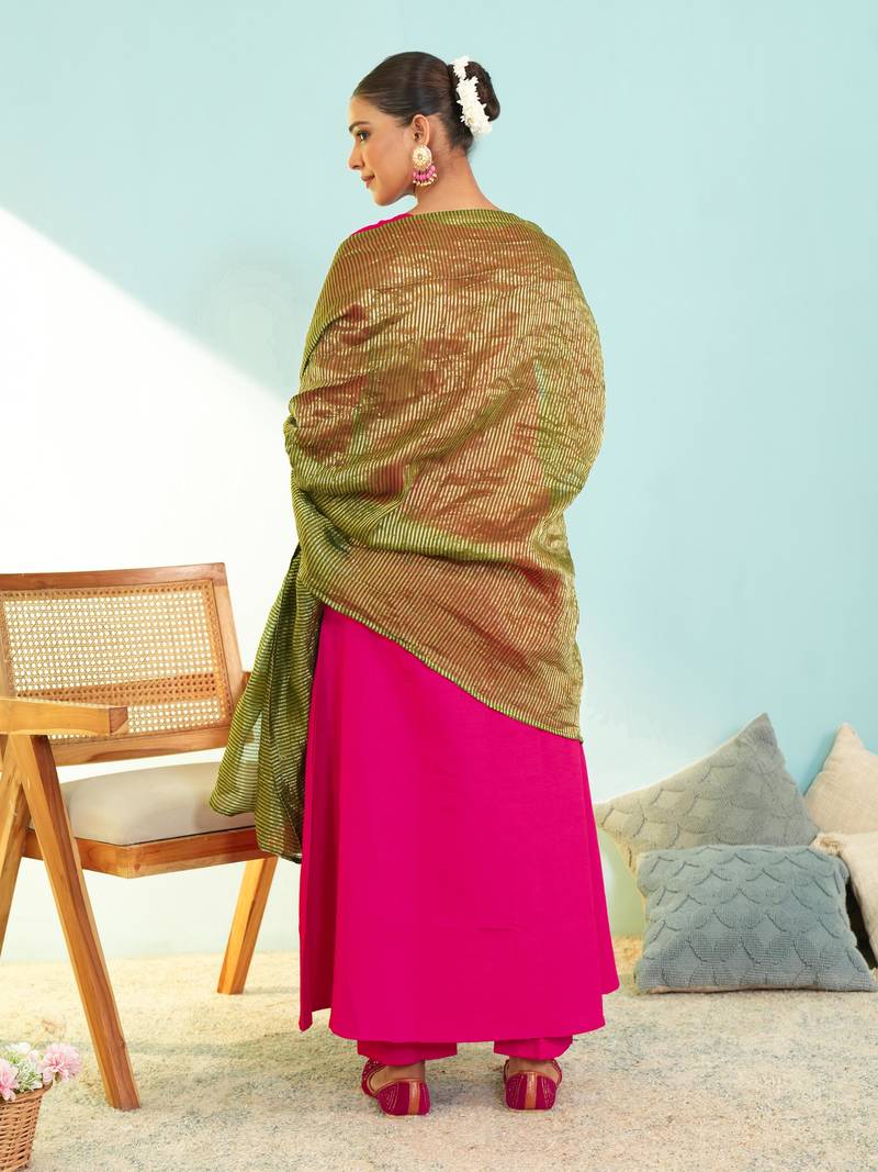Women's Gorgeous Embroidery Work Silk Slub Fabric Flared Kurta Pant and Dupatta Set