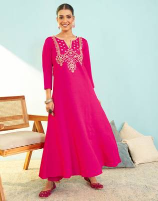 Women's Gorgeous Embroidery Work Silk Slub Fabric Flared Kurta Pant and Dupatta Set 5