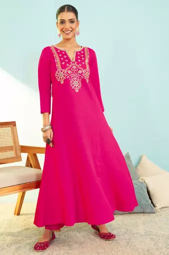 Women's Gorgeous Embroidery Work Silk Slub Fabric Flared Kurta Pant and Dupatta Set