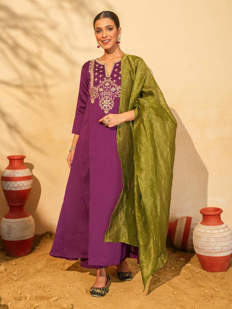 Women's Gorgeous Embroidery Work Silk Slub Fabric Flared Kurta Pant and Dupatta Set