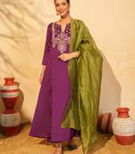 Women's Gorgeous Embroidery Work Silk Slub Fabric Flared Kurta Pant and Dupatta Set