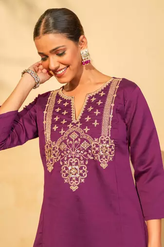 Women's Gorgeous Embroidery Work Silk Slub Fabric Flared Kurta Pant and Dupatta Set
