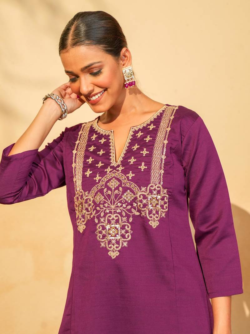 Women's Gorgeous Embroidery Work Silk Slub Fabric Flared Kurta Pant and Dupatta Set