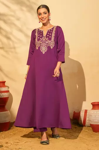 Women's Gorgeous Embroidery Work Silk Slub Fabric Flared Kurta Pant and Dupatta Set