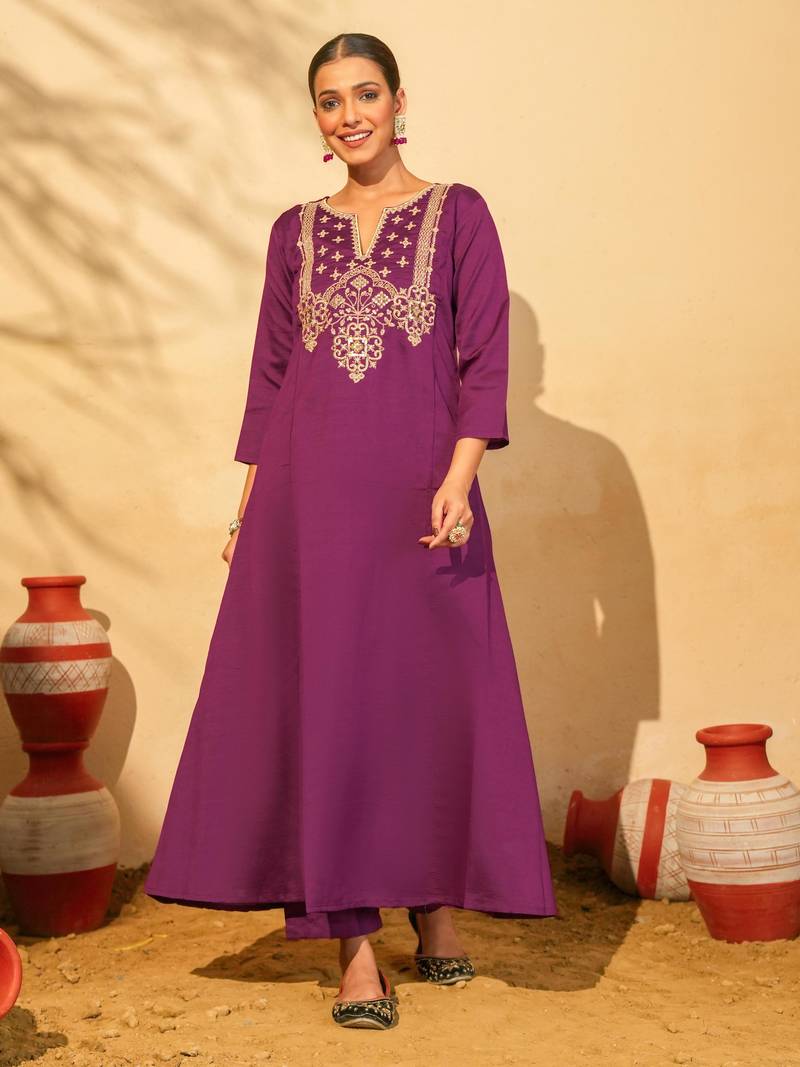 Women's Gorgeous Embroidery Work Silk Slub Fabric Flared Kurta Pant and Dupatta Set