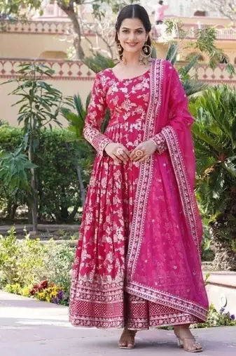 Pink viscose anarkali suit with embroidery sequin work