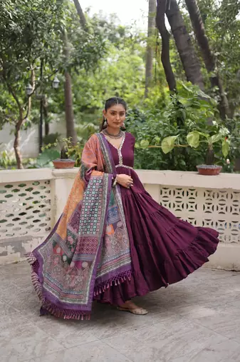 Purple roamn silk free size stitched anarkali suit with mirror lace work