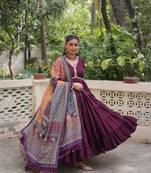 Purple roamn silk free size stitched anarkali suit with mirror lace work