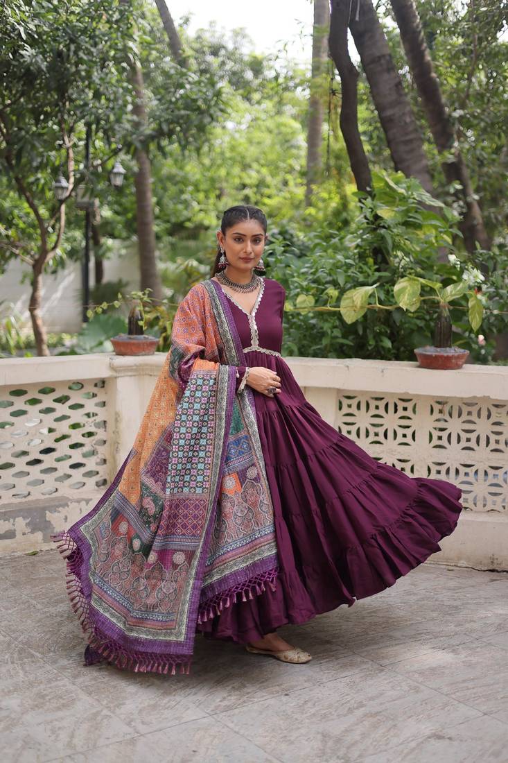 Purple roamn silk free size stitched anarkali suit with mirror lace work