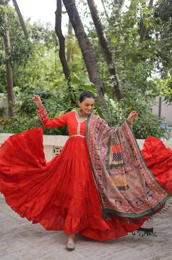 Orange roamn silk free size stitched anarkali suit with mirror lace work