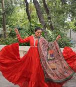 Orange roamn silk free size stitched anarkali suit with mirror lace work