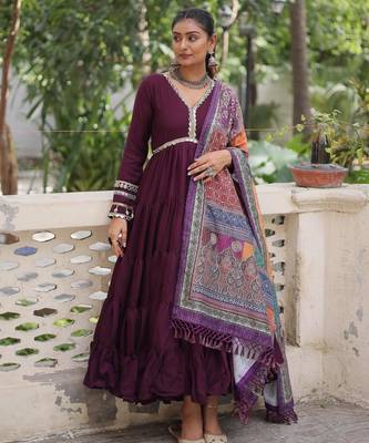 Purple roamn silk free size stitched anarkali suit with mirror lace work 2