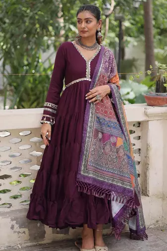 Purple roamn silk free size stitched anarkali suit with mirror lace work